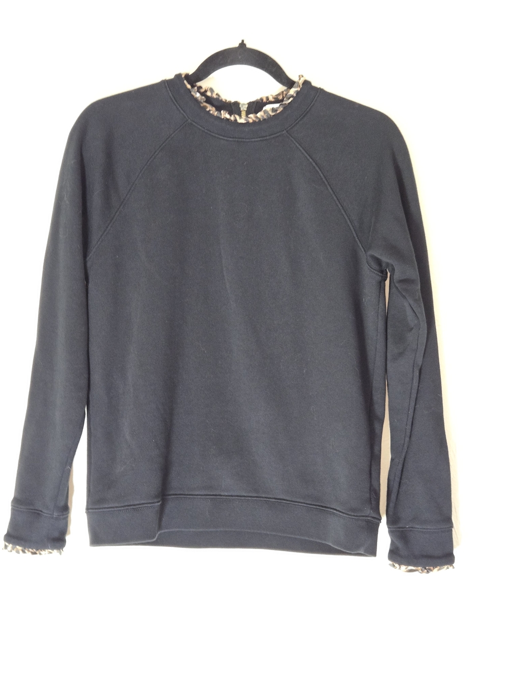 J. Crew Black Raglan Sweatshirt with Leopard Trim Collar & Cuffs